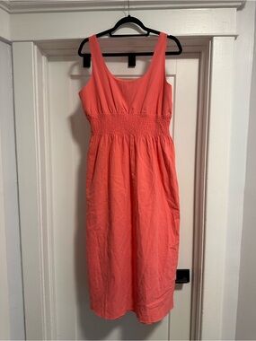 Pomander Place Coral Midi Dress with Smocked Waist